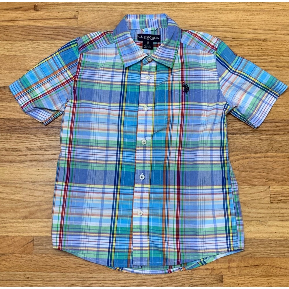 US Polo Assn Boys Plaid Button Down Shirt Blue Green Multi Short Sleeve M 8